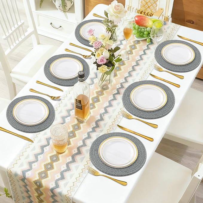 Round Placemats Set of 6, Cotton Rope Woven Table Mats, Hot Pads for Kitchen, Non Slip Heat Resistant Place Mats, 13 Inches Braided Placemat for Farmhouse Decor and Kitchen Table Decor (Gray)