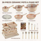 HONGBAKE Pots and Pans Set Nonstick, 26 Pcs All-in-One Kitchen Starter Set with Cookware, Bakeware & Silicone Utensils, Non Toxic Ceramic Coating, Induction & Oven Safe, PFOA PFOS Free, Gold