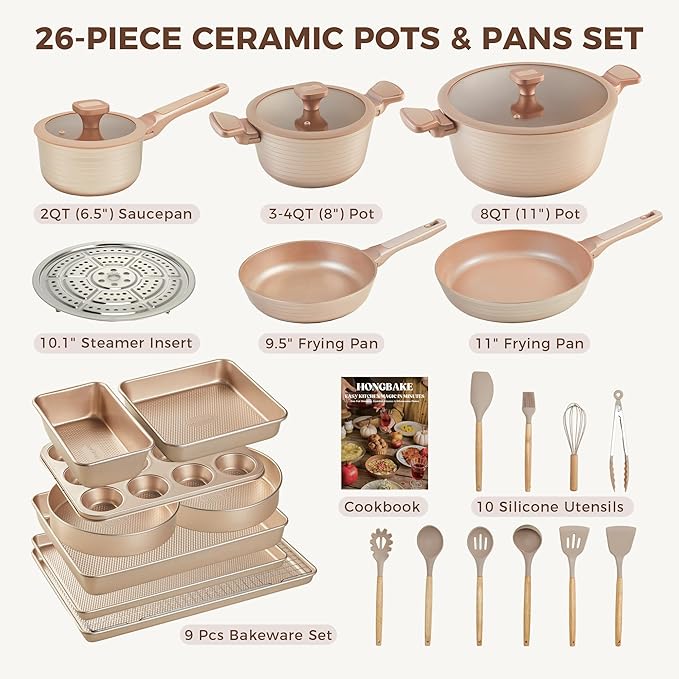HONGBAKE Pots and Pans Set Nonstick, 26 Pcs All-in-One Kitchen Starter Set with Cookware, Bakeware & Silicone Utensils, Non Toxic Ceramic Coating, Induction & Oven Safe, PFOA PFOS Free, Gold