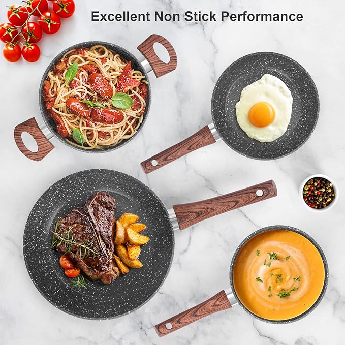 M MELENTA Granite Pots and Pans Set Non Stick, 11 Piece Die-Cast Induction Cookware Set, Nonstick Kitchen Cooking Set w/Frying Pans & Saucepans, PFOA Free
