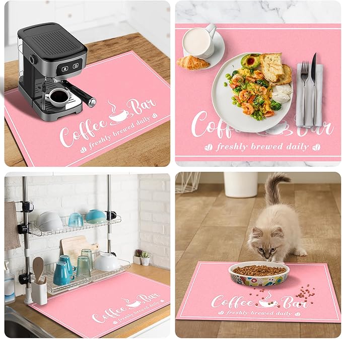 CooRug Absorbent Coffee Mat, Fashion Dish Drying Mat for Kitchen Counter Coffee Bar Accessories Espresso Machine Dish Rack 17" x 32" Pink