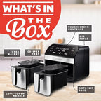 Gourmia Dual Basket Air Fryer - 10 Qt Large Capacity, FryForce360º, Digital Display with 7 Presets, Roast, Bake, Broil, Dehydrate, Match Cook, Sync Finish, Dishwasher Safe Accessories, Black