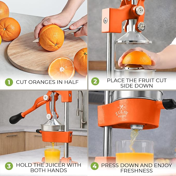 Zulay Kitchen Cast Iron Juicer - Easy-to-Clean Heavy-Duty Manual Juicer, Professional Citrus Juicer - Stainless Steel Lemon Squeezer - Manual Citrus Press & Orange Squeezer - Orange Juicer (Orange)