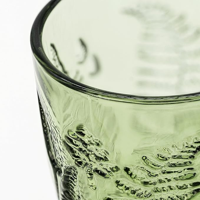 Vintage Green Drinking Glass, 12 oz Hand-Pressed Deep Textured Glass Cup, Fern Embossed Retro Glassware, Decorative Tumbler for Water, Cocktails & Juice, Boho Colored Kitchen Drinkware, Unique Gift