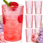 Ciaell 12 Pack Romantic Plastic Water Glasses - 14 Oz Pink Vintage Drinking Glasses, Embossed Ribbed Plastic Cups, Textured Striped Set for Juice, Beverages, Beer, Cocktail & Mother's Day