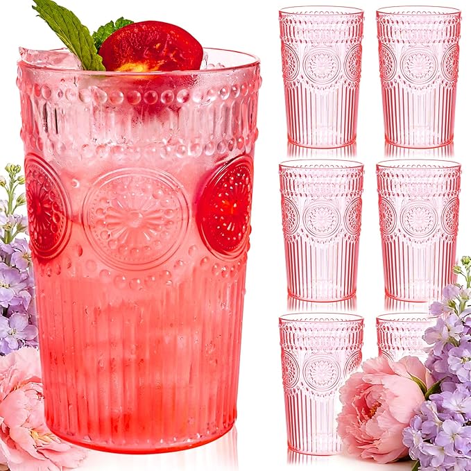 Ciaell 12 Pack Romantic Plastic Water Glasses - 14 Oz Pink Vintage Drinking Glasses, Embossed Ribbed Plastic Cups, Textured Striped Set for Juice, Beverages, Beer, Cocktail & Mother's Day