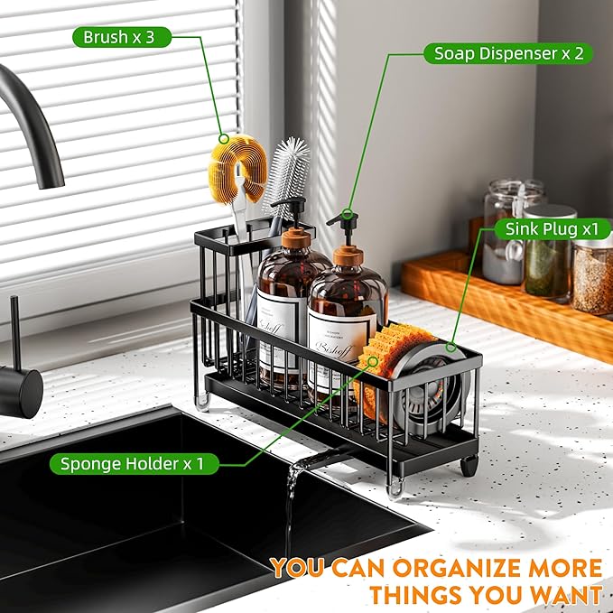 Cisily Sponge Holder for Kitchen Sink, Sink Caddy Organizer with High Brush Holder, Kitchen Countertop Organizers and Storage Essentials, Rustproof 304 Stainless Steel (Black, 10.62″)