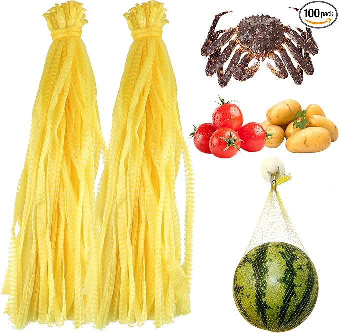 100Pcs Produce Mesh Bags,20 Inch Seafood Boil Bags Packing Supplies Net,Reusable Mesh Nylon Netting Bulk Storage Bag for vegetables Storage Fruits Seafood and Other Agricultural Products(Yellow)