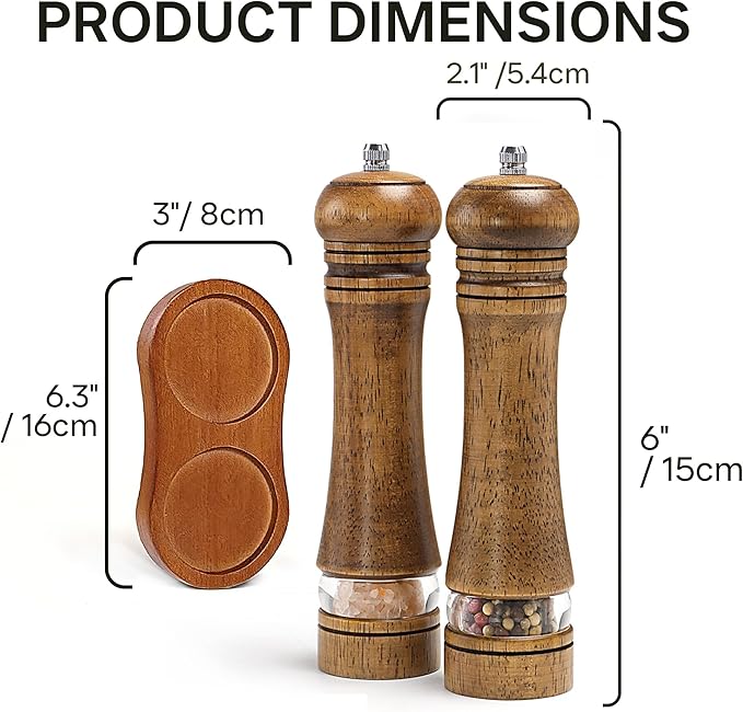 Wooden Salt and Pepper Grinder Set, Premium Oak Wood Salt Grinders Shakers, Pepper Mill with Acrylic Clear Window, Adjustable Ceramic Grinder (8″ - 2 Packs with Tray)