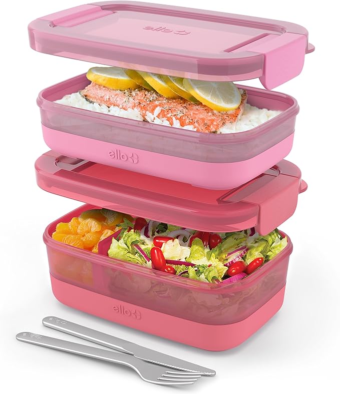 Ello 2-Pack Lunch Stack Plastic Food Storage Container Bento Box with Airtight, Leak-Proof Locking Plastic Lids and Silicone Base, BPA-Free, Freezer, Microwave, and Dishwasher Safe, Guava