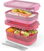 Ello 2-Pack Lunch Stack Plastic Food Storage Container Bento Box with Airtight, Leak-Proof Locking Plastic Lids and Silicone Base, BPA-Free, Freezer, Microwave, and Dishwasher Safe, Guava