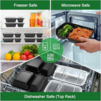 Dealusy 50 Pack (100-Piece) 28 oz Meal Prep Containers Reusable with Lids 2-Compartment, Sturdy Leakproof Food Safe, Microwave Freezer Dishwasher Safe, To Go Take Out Plastic Food Storage, Black