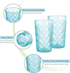 CREATIVELAND Drinking Highball Glasses Set of 4, Vintage Cross Hatch Glass Cups, 15.5oz Tall Drinking Water Glasses, Dishwasher Safe Blue Glass Tumbler Glassware for Water, Juice, Cocktail, Coffee