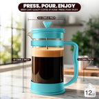 Utopia Kitchen 12 oz Glass French Press, French Press Coffee Maker, Tea Press, Triple-Layer Filter for Smooth Brew, Heat-Resistant Borosilicate Glass, Stainless Steel Plunger, Aqua