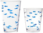 KLIFA- CHARLESTON- 16.5 & 19 oz, Set of 8, School of Fish Acrylic Drinking Glasses, BPA-Free, Stackable Plastic Drinkware, Dishwasher Safe Cups, Clear with Dark Blue Printing