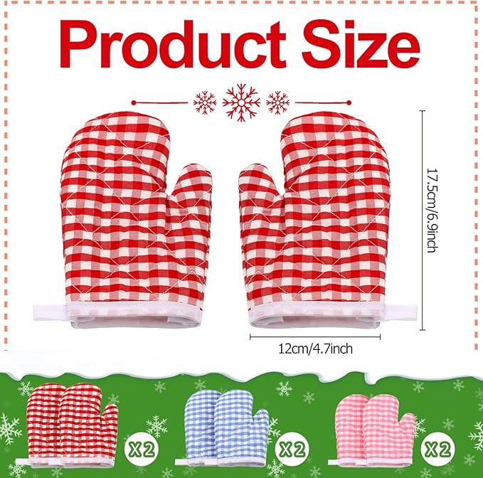12 Pcs Kids Oven Mitts Toddler Oven Mitts Children Heat Resistant Kitchen Mitts Checkered Kitchen Oven Gloves Kids for Cooking Baking Microwave Child Play BBQ Grilling, Age 2-10(Red, Pink, Blue)