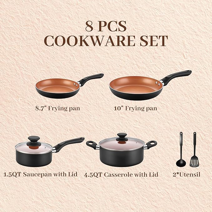 BECIGAR 8pcs Gold Ceramic Pots and Pans Set, Cooking Pan Set,Cooking Pot Set Ceramic Pan Set, Nonstick Cookware Set, Induction Safe Kitchen Cooking Set with Frying Pans, Saucepans, shovel and Ladle