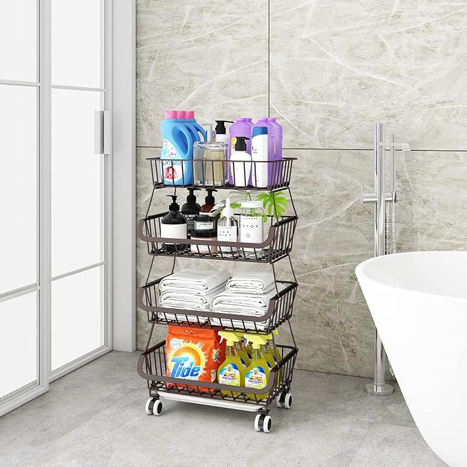 Miyawell Fruit Vegetable Storage Basket for Kitchen - 4 Tier Stackable Metal Wire Baskets Cart with Rolling Wheels Utility Fruits Rack Produce Snack Organizer Bins for Pantry Bathroom Laundry Bronze