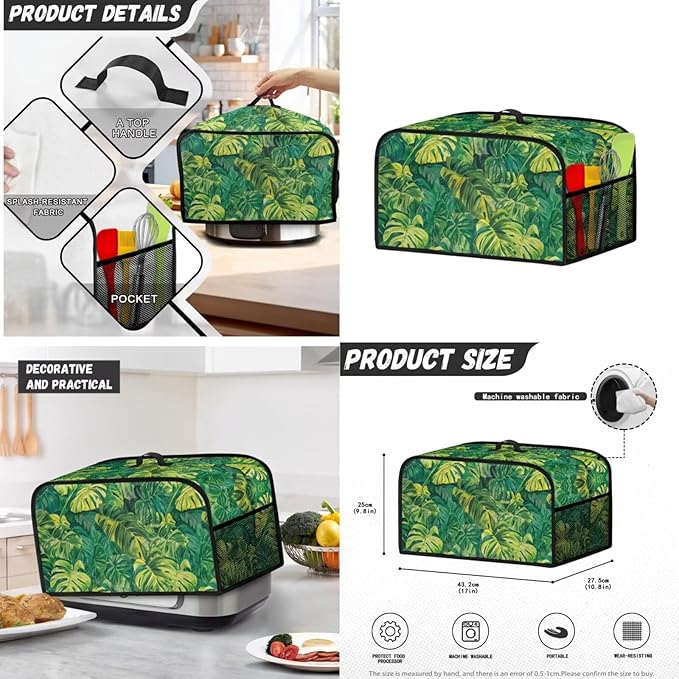 Monstera Leaves Small Appliance Covers 3 Pcs Set Waffles Maker Oven Dust & Blender Cover with Top Handle & Crock Pot Dust Cover Fingerprint Protection