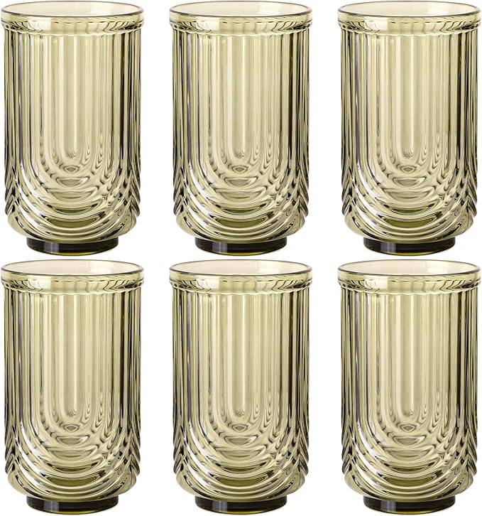 Green Vintage Drinking Glasses Set of 6-17oz Hand-Blown Highball Ribbed Glassware, Arch Design Cocktail Glasses for Whiskey Water Beverages Ice Coffee Juice Milk