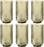 Green Vintage Drinking Glasses Set of 6-17oz Hand-Blown Highball Ribbed Glassware, Arch Design Cocktail Glasses for Whiskey Water Beverages Ice Coffee Juice Milk