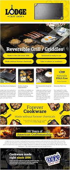 Lodge Double Play Reversible Cast Iron Grill/Griddle - Dual-Sided with Double Burner Configuration for Eggs, Pancakes, Burgers & More - Seasoned, Non-Toxic Cookware - Heavy-Duty Grill Pan - Black