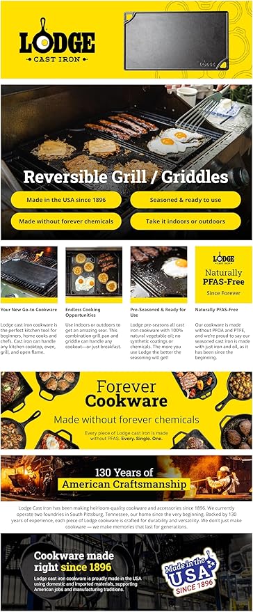 Lodge Double Play Reversible Cast Iron Grill/Griddle - Dual-Sided with Double Burner Configuration for Eggs, Pancakes, Burgers & More - Seasoned, Non-Toxic Cookware - Heavy-Duty Grill Pan - Black