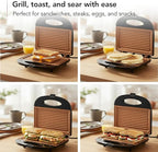 OVENTE Electric Panini Press Grill with Nonstick Plates, LED Indicator Lights, Thermostat Control, Compact Sandwich Maker Perfect for Cooking Breakfast, Steaks, Eggs Snacks & More, Copper GP0110CO