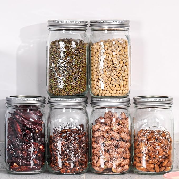 Esrentle Mason Jars 32 oz Wide Mouth - 12 Pack Quart Glass Mason Jars with Airtight Lids and Bands for Canning, Pickling, Food Storage, Fermenting, Leak Proof, Reusable