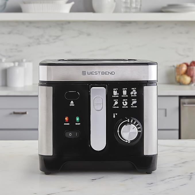 West Bend Deep Fryer with Adjustable Temperature Control Nonstick Basket Easy-View Window and Temperature Guide, Folding Handle and Locking Cover for Easy Storage, 3-Liter, Silver