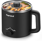 Topwit Hot Pot Electric, Electric Pot, 1.6L Ramen Cooker, Multifunctional Cooker for Pasta, Shabu-Shabu, Oatmeal, Soup and Egg with Over-Heating Protection, Boil Dry Protection, Black