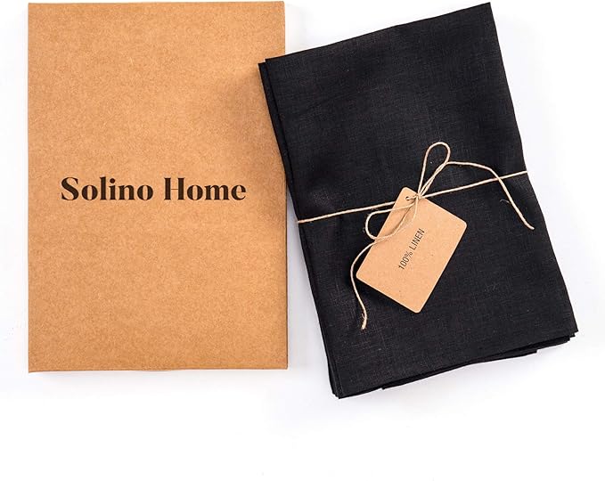 Solino Home Black Linen Napkins Set of 6-100% Pure Linen Cloth Washable Dinner Napkins 20 x 20 Inch for Winter, Holiday, New Year - Fete