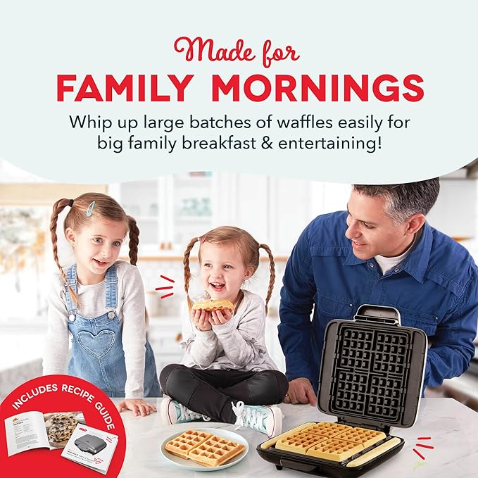 Dash No-Drip Waffle Maker - Makes Four Waffles at Once for Hassle-Free Breakfasts - Dual Nonstick Heating Plates & Quick Heat-Up System - Easy-Release Surface - Silver