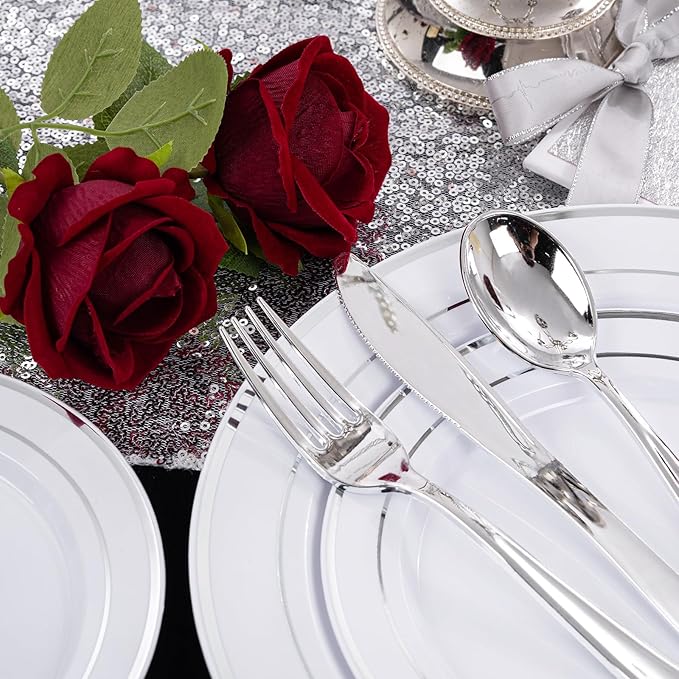 I00000 200 Pcs Silver Plastic Plates - Silver Disposable Party Plates Include 100 Dinner Plate and 100 Elegant Dessert Plate Perfect for Party, Holiday, Wedding & Birthday