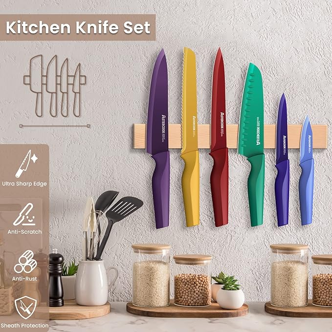 Astercook Knife Set, 12 Pcs Color-Coded Kitchen Knives Set, 6 Color Anti-Rust Coating Stainless Steel Chef Knife Sets with 6 Blade Guards Dishwasher Safe
