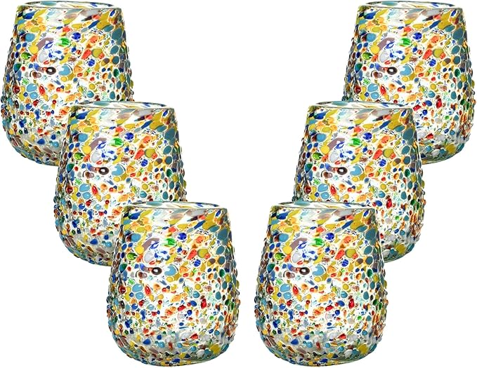 Confetti Dots Hand Blown Stemless Wine Glasses - 100% Recycled Mexican Glassware - Artisan Crafted Drinking Glasses for Cocktails, Tequila, or Water - Set of 6 (16 oz)