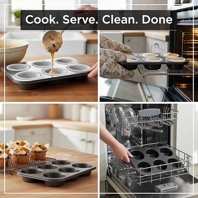 Wrenbury Jumbo Muffin Pan 6 Cup - Nonstick XL Deep Muffin Pan for Baking 4" Cup - Oversized Extra Large Cupcake Mold - Dishwasher Safe - PTFE Free - 446°F Oven Safe