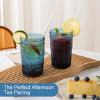 ZMOWIPDL Vintage Glassware Drinking Glasses Set of 6,13 oz Blue Textured Flower Design Glass Water Tumblers，Embossed Striped Drinkware for Water,Cocktails,Juice,Iced Coffee