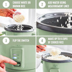 GreenLife Rice Cooker with Removable PFAS-Free Ceramic Nonstick Pot, 3-Cups Uncooked/6-Cups Cooked, Grains & Oatmeal Multicooker, Compact One-Switch Design, Auto Keep Warm, Easy Clean, Sage Green
