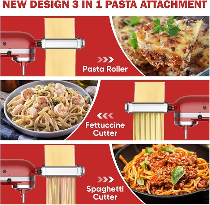 GVODE 3 in 1 Pasta Attachment for KitchenAid Stand Mixer, All Metal Pasta Maker KitchenAid Attachment, Pasta Sheet Roller, Spaghetti Cutter, Fettuccine Cutter Maker Accessories and Cleaning Brush