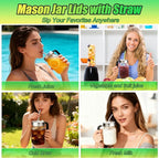 Palksky Mason Jar Lids with Straw Hole & Handle for Regular Mouth Jars, Leak-Resistant Drinking Lids with Extra Silicone Rings, Mason Jar Straw Lids for Iced Coffee, Lemonade, Juice (2 Pack)