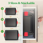 3PCS Carbon Steel Non-Stick Baking Pan | Commercial Restaurant Grade, Double-Sided Non-Stick Coating, Luxurious & Stylish Design with Red Silicone Handle - Oven Safe Kitchen Bakeware