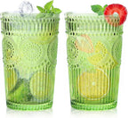 Loivttvv 6pcs Vintage Drinking Glasses Set, 12 oz Green Highball Glasses, Embossed Ribbed Glassware Cups for Cocktail, Water, Juice, Coffee, Whiskey
