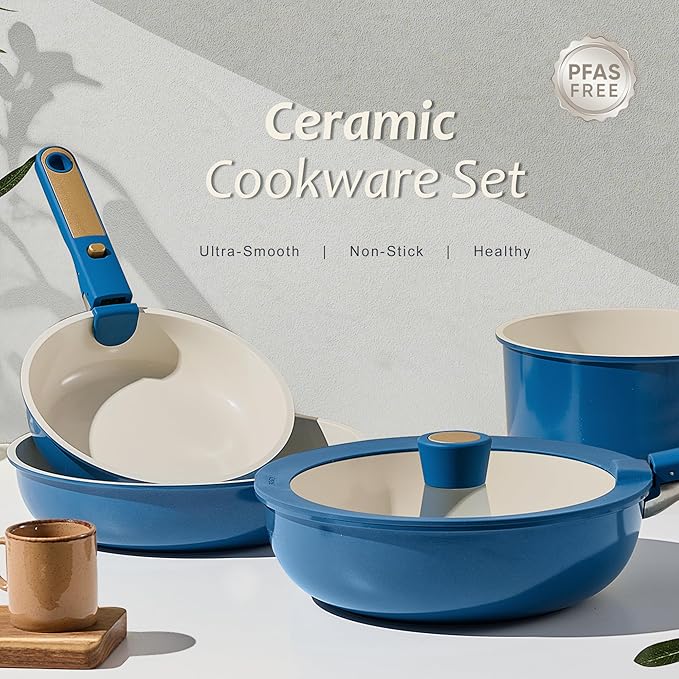 CAROTE 15Pcs Ceramic Cookware Set, Pots and Pans Set Non stick, Non Toxic Cookware Detachable Handle, Induction Cookware, Dishwasher/Oven Safe, RV/Camping, PFAS Free, Blue&Gold