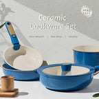 CAROTE 15Pcs Ceramic Cookware Set, Pots and Pans Set Non stick, Non Toxic Cookware Detachable Handle, Induction Cookware, Dishwasher/Oven Safe, RV/Camping, PFAS Free, Blue&Gold