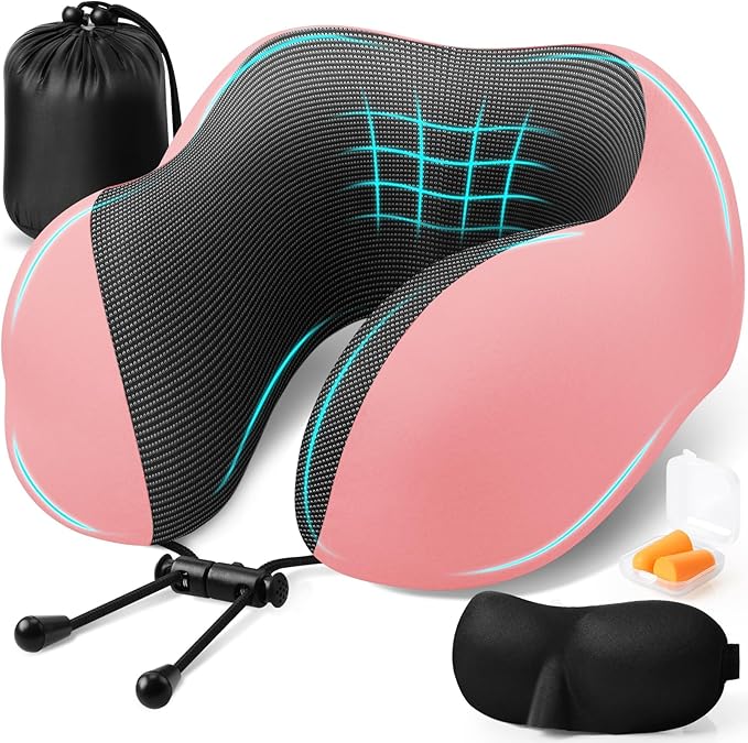 ExploreBliss Travel Pillow, Travel Pillows for Sleeping Airplane, Neck Pillow Airplane, Memory Foam Neck Pillow Set with Eye Mask, Earplugs and Storage Bag -Pink