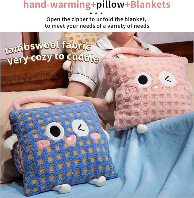 Plush Warm Hand Pillow with 67 * 59 Inch Compact Travel Blanket Warm Lambswool Pillow Portable 3 in 1 Combo Nap Pillow Blanket Plush Throw Pillow for Home Office（Yellow 15inch）