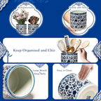 Utensil Holder, 6" Premium Ceramic Kitchen Utensil Rack for Countertop, Hand-painted blue and white porcelain made in Jingdezhen suitable for Vintage Farmhouse Kitchen Counter Decor