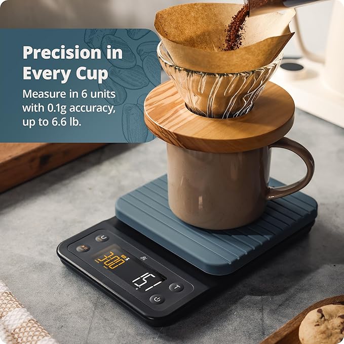 Greater Goods Coffee Scale with Timer – 0.1g Precision Digital Coffee & Espresso Scale for Pour-Over, Coffee Bean Weighing, Barista Brewing, Waterproof Cover, 3kg Capacity (Stone Blue)