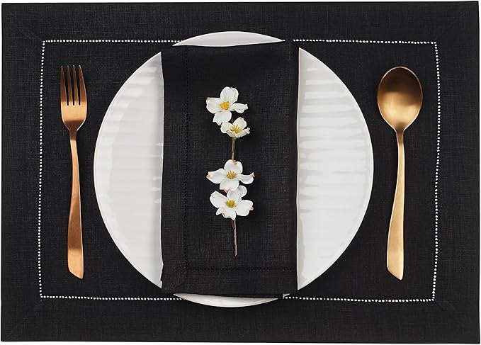 D'Moksha Homes Linen Placemats Set of 6 - Classic Hemstitch Black Placemats 14 x 19 Inch - 100% Pure Linen Table Mats for Winter, Holiday, New Year - Handcrafted and Machine Washable